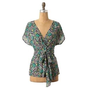 Anthropologie Odille Graphic Framework green faux wrap top